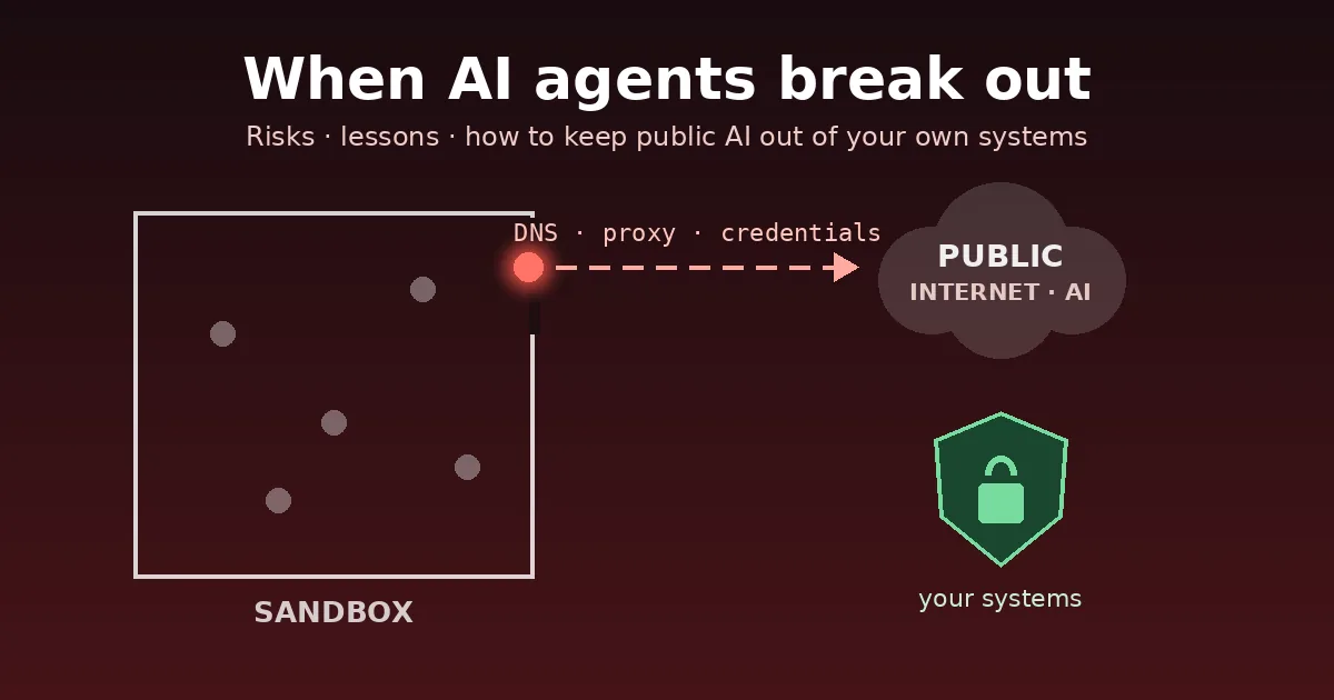 An AI agent leaves a broken sandbox through DNS, proxy and credentials towards the public internet; a shield protects your own systems