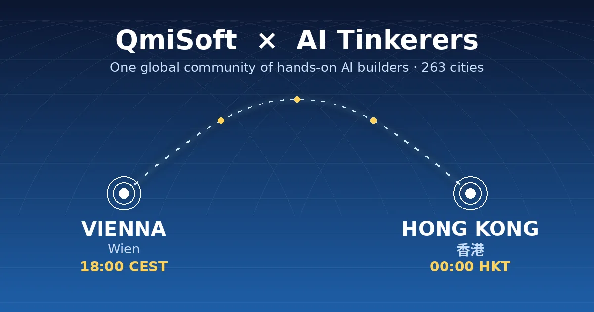 An arc connecting Vienna (18:00 CEST) and Hong Kong (00:00 HKT) — QmiSoft × AI Tinkerers