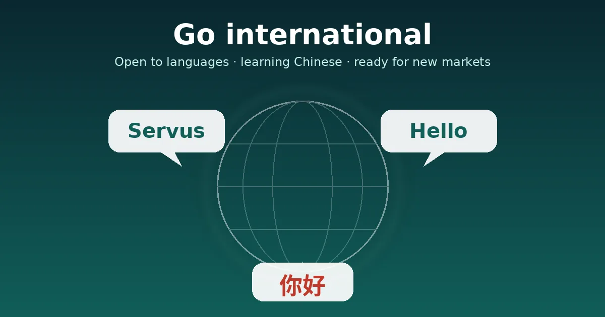 A globe with three speech bubbles: Servus, Hello and 你好